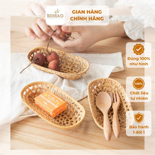Khay mây bầu dục đáy lưới Bemiao khay trang trí đựng bánh mì, hoa quả, trà bánh Bemiao