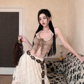 Áo nâu đan dây cột cổ phối ren