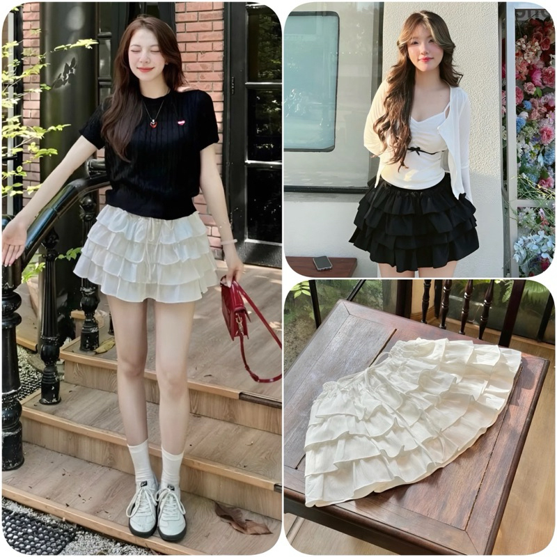 Chân Váy Đũi Sần 4 Tầng Gắn Nơ Có Quần Trong (LA42)