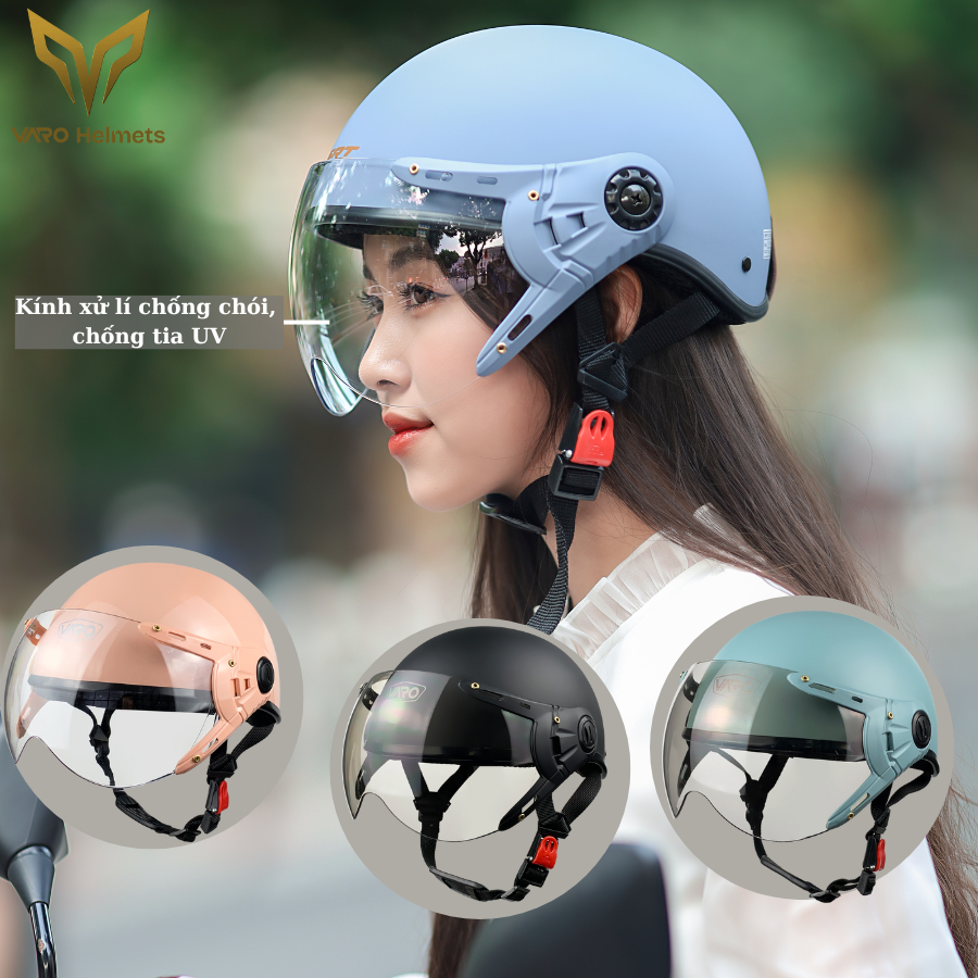 Mũ bảo hiểm nửa đầu VARO A33K có kính chống chói, chống tia uv cao cấp đạt chuẩn Quatest 2