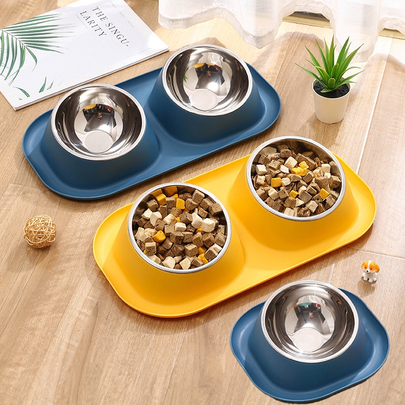 Bát ăn cho mèo đôi bát ăn cho chó hai ngăn 2 bát inox tháo rời chống kiến nghiêng chống gù 40x23cm