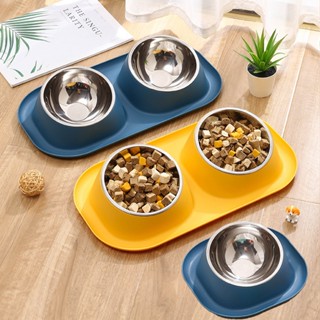 Bát ăn cho mèo đôi bát ăn cho chó hai ngăn 2 bát inox tháo rời chống kiến nghiêng chống gù 40x23cm