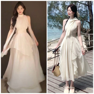 Đầm xòe midi cổ yếm phối bèo siêu sang
