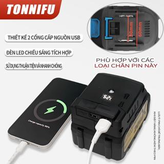 Đế chuyển pin Tonnifu, sạc điện thoại 2 cổng USB, đèn LED - phù hợp với pin máy khoan chân pin phổ thông,Pin 10&15 cell.