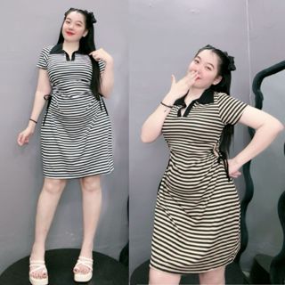 Đầm bigsize nữ xẻ sọc đũa thun gân tăm cổ bẻ tay ngắn ôm body rút dây hai bên eo từ 60-95kg G75