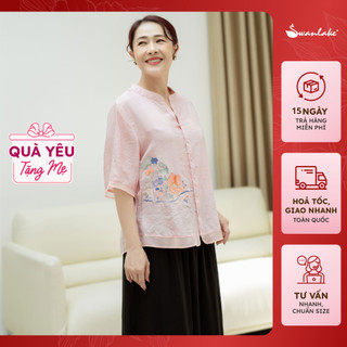 SWANLAKE | Áo Kiểu Trung Niên Cài Nút Cổ Trụ Phối Chiffon Phom Rộng Vải Tơ Thêu Cao Cấp Thanh Lịch Tặng Mẹ - A10975LW01