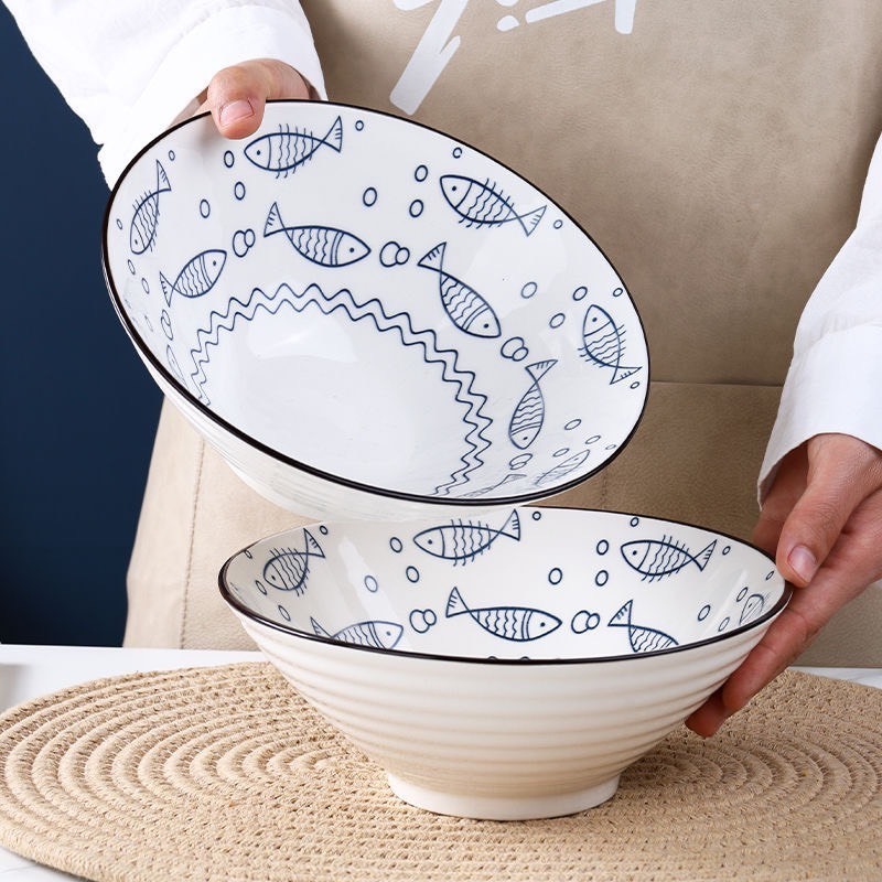 Tô Sứ Loe Nhiều Hoạ Tiết Sọc Xanh, Tô Hình Nón Bằng Gốm Sứ Đơn Giản Xinh Xắn, Tô Ăn Mì, Tô Đựng Canh