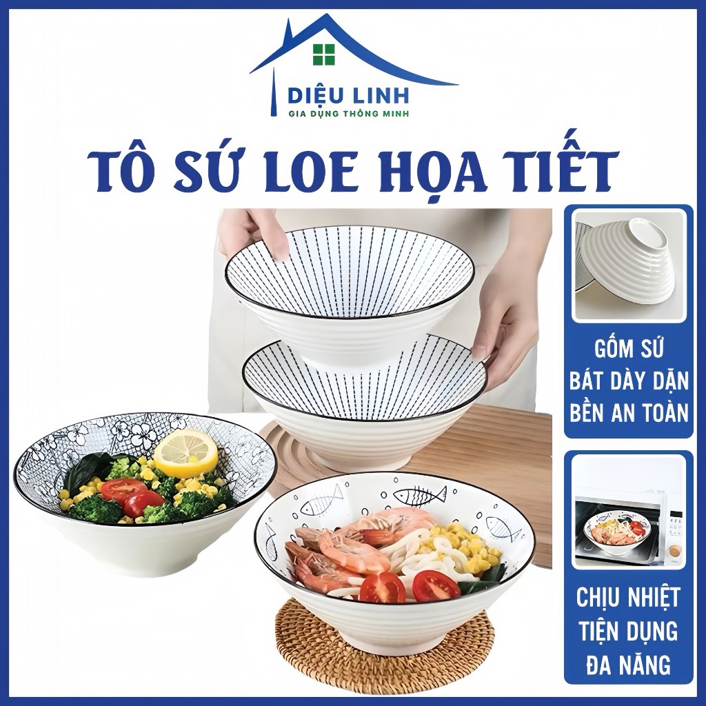  Tô Sứ Loe Nhiều Hoạ Tiết Sọc Xanh Tô Hình Nón Bằng Gốm Sứ Đơn Giản Xinh Xắn Tô Ăn Mì Tô Đựng Canh 