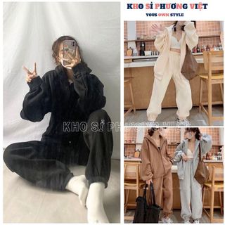 Sét bộ đồ mùa đông nỉ bông áo khoác trơn kéo khoá kèm quần jogger trơn form thụng - khosi