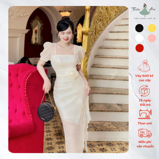Đầm Body Tơ Nhủ Bông Eo Cổ Vuông, Đầm Body Thiết Kế Bigsize, Qùa Tặng Mẹ, Đầm Trung Niên B59
