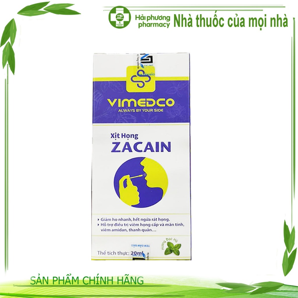 Xịt họng Zacain Vimedco cắt cơn đau rát họng ngay khi xịt, hỗ trợ phòng ngừa cúm mùa, cảm cúm hương bạc hà 20ml