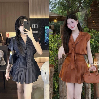 Set áo sơ mi kẻ sọc phối cavat + chân váy