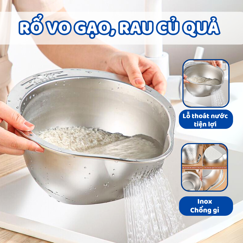 Rổ Vo Gạo Inox 304 Không Gỉ  27cm, Rổ Rửa Hoa Quả Thông Minh 2 Trong 1, Chất Liệu Inox Cao Cấp X588