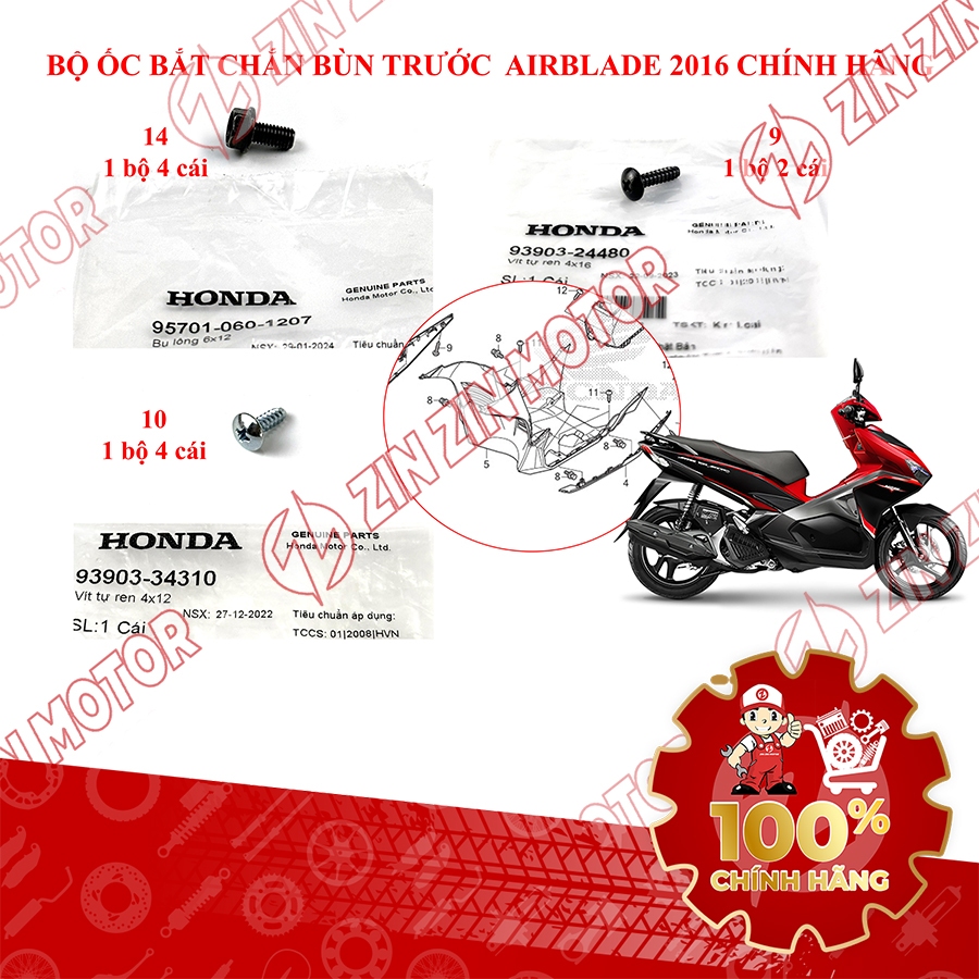 Bộ Ốc Dàn Áo, Vít Bu Lông Bắt Chắn Bùn Trước Air Blade AB 125 2016 2017 2018 2019 93404-060-1207, 93