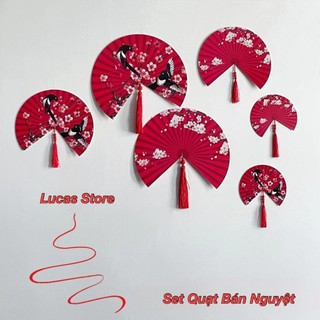 Set quạt bán nguyệt, set quạt giấy đỏ trang trí trung thu, tết cổ truyền - set 6 chiếc