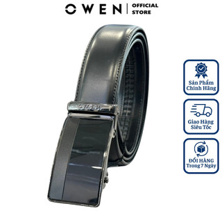 Thắt lưng da bò nam OWEN BELT232631 dây nịt bụng cao cấp màu đen trơn mặt khóa trượt tự động không phồng rộp bong tróc
