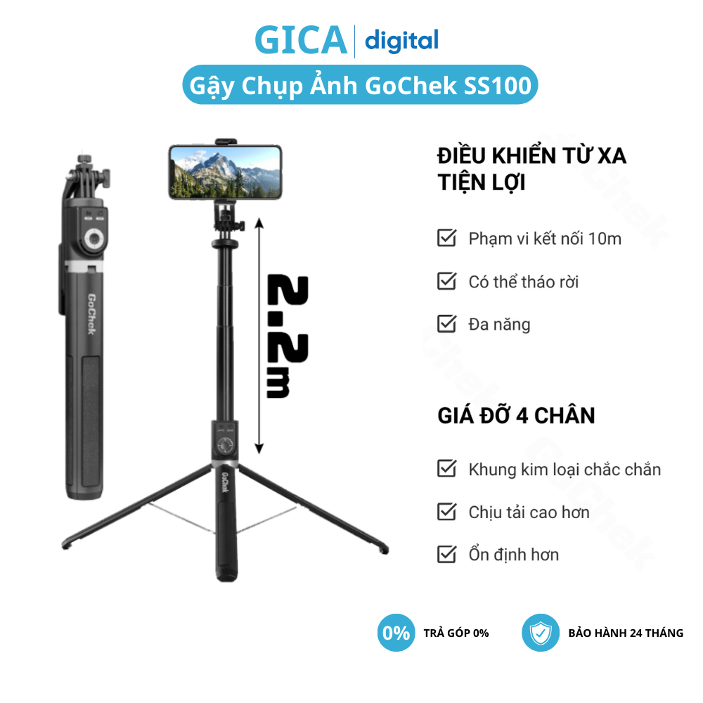 Gậy chụp ảnh GoChek SS100 4 chân tripod/ selfi bluetooth điện thoại, livestream, vlog đa năng kéo dài 2m2 Bảo hành 2 năm