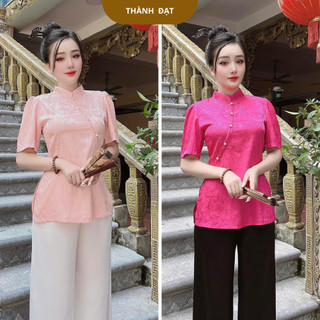 Đồ lam đi chùa,áo đi lễ chùa lụa ngắn tay mềm mịn, mặc thoải mái khi đi lễ chùa_ mẫu cổ tàu lụa ngắn tay 5 cúc