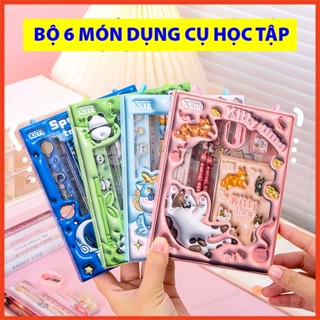 Bộ Dụng Cụ Học Tập 6 Món Hộp Giấy Có Quai Xách Cute, Gồm 2 Bút Chì + Tẩy + Thước Kẻ + Gọt Bút Chì + Sổ Ghi Chép Tiện Dụn