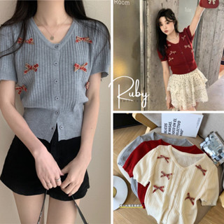 Áo len nữ , áo len tay ngắn dệt kim cổ tròn mongtoghi ĐÍNH NƠ thời trang Hàn Quốc hot màu đen trắng be xám - RUBY