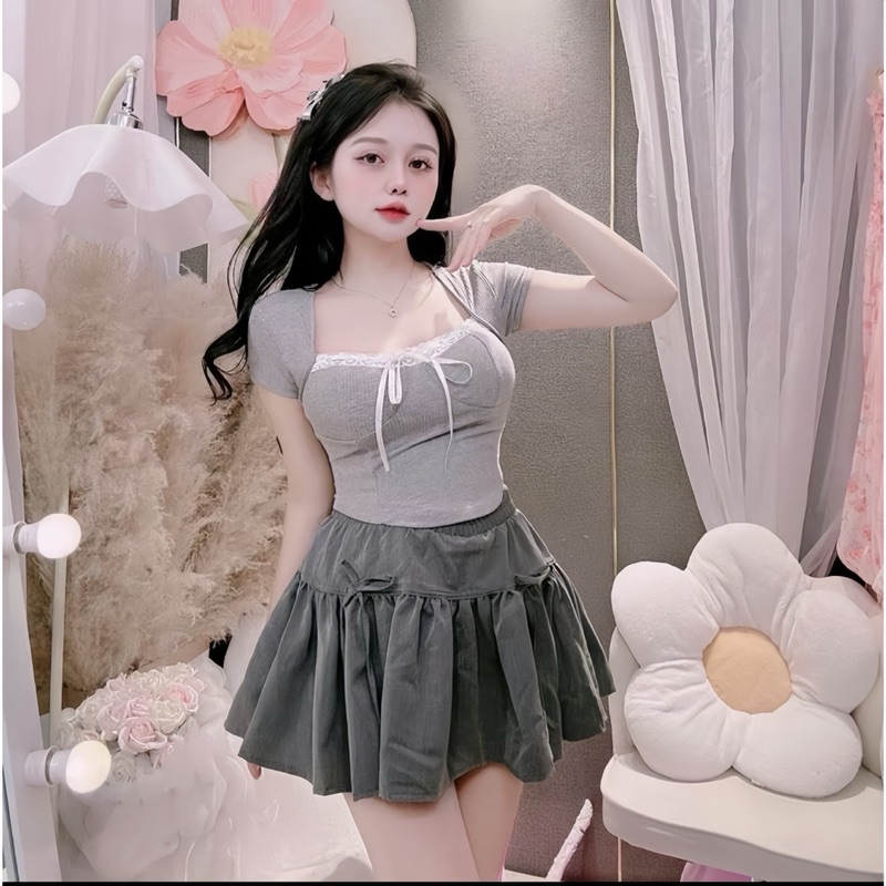 Sét Váy Gồm Áo Cổ Vuông Phối Ren + Chân Váy Phồng Phồng Có Nơ (LA43)