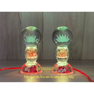 Cặp đèn thờ lá vàng nước phong thuỷ - Đèn cầu sen tròn pha lê