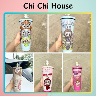 Bình/ ly giữ nhiệt labubu 750ml + ống hút + cọ rửa ống hút
