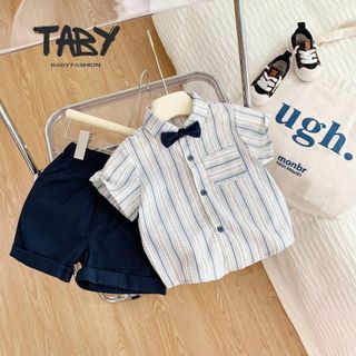  Set bộ công tử TABY KIDS kẻ xanh kèm nơ chất liệu áo thô đũi phối với quần kaki mềm cho bé 8-25kg TA901