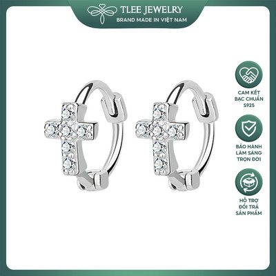 Khuyên tai bạc unisex tròn thánh giá nạm đá mẫu đeo ngắn có chốt bấm TLEE JEWELRY B0141