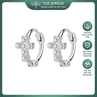 Khuyên tai bạc unisex tròn thánh giá nạm đá mẫu đeo ngắn có chốt bấm TLEE JEWELRY B0141