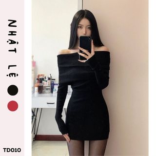 Đầm Váy Len Ngắn Trễ Vai Tay Dài From ôm Body tôn sáng sang trọng phong cách Hàn Quốc thời thượng 2 màu Hàng QCCC- TD010