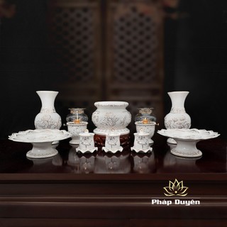 Đồ Thờ Sứ Trắng Cao Cấp Nhập Khẩu Hoa Sen Viền Vàng gồm Bát hương, ly nước, mâm bồng, lọ hoa...