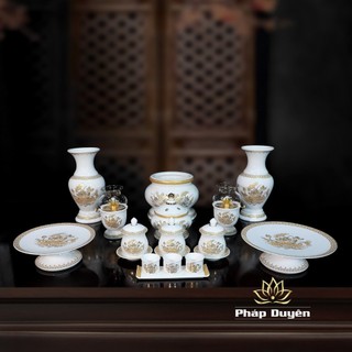 Đồ Thờ Cúng Sứ Trắng Hoa Sen Vàng Cao Cấp Nhập Khẩu gồm Bát hương, ly nước, đĩa thờ, lọ hoa, đèn dầu...
