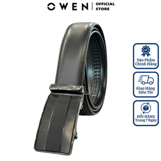 Thắt lưng da bò nam OWEN BELT232634 dây nịt bụng cao cấp màu đen mặt khóa trượt tự động không phồng rộp bong tróc
