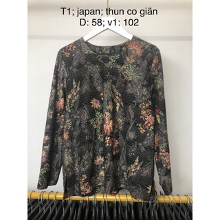 (1+1) Áo thun si tuyển 2hand dài tay, áo vintage vải thun co giãn nhẹ, họa tiết hoa, cổ tròn, tặng 1 chân váy lỗi