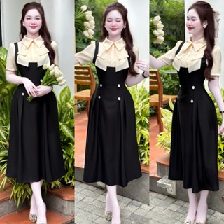 B22- Đầm thiết kế giả yếm BÈO NƠ dáng xếp ly chiết eo,vải TÂY mềm mịn, Sang Xinh đi tiệc mijustore