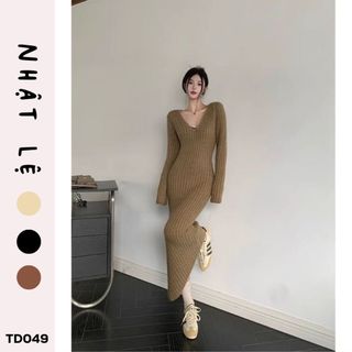 Đầm len  váy body dáng dài cổ chữ V tôn dáng sang chảnh cho nữ thời trang thu đông hàng QC ( KÈM ẢNH THẬT )- TD049