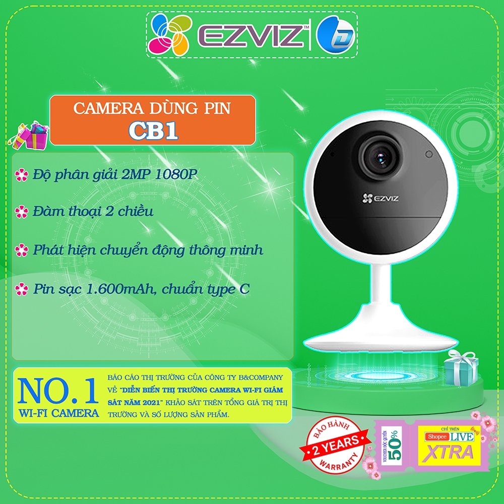 Camera wifi chạy pin Ezviz CB1 chính hãng, đàm thoại 2 chiều, pin chạy liên tục 2-3h khi mất điện