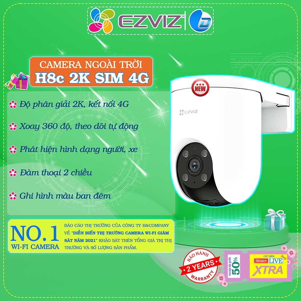Camera dùng sim Ezviz H8C 4G 3MP 2K chính hãng, màu ban đêm, báo động, xoay 360 độ