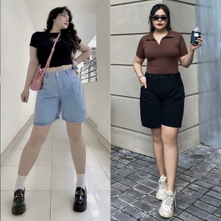 [55-90kg] Quần short ngố ống rộng bigsize nữ, màu xanh nhạt/ đen/ xám, có đai giảm eo, không giãn