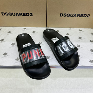 Dép lê nam quai ngang DSQ da Pu quai thêu vạch chữ Punk Icon bọc cao su bóng đế vân monogram DL124P