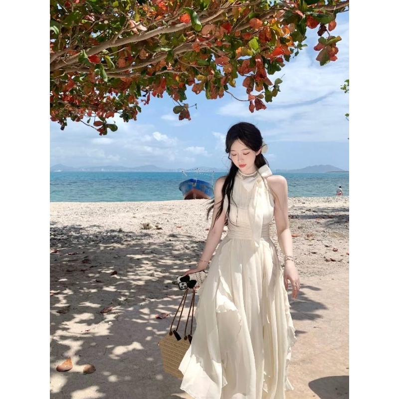 Đầm maxi cổ yếm đính dây cườm ,váy voan kem đi tiệc du lịch thiết kế nơ vai bèo viền siu xinh VH95