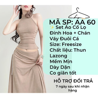 Set Áo Cổ Lọ Đính Hoa Hồng, Sát Nách + Chân Váy Đuôi Cá Xoè Siêu Sang Chảnh. Chất Liệu Thun Lazong Mềm Mịn