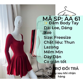 Đầm Body Cổ Vuông Tay Loe, Dáng Xoè Chất Thun lazong Mềm Mịn Phù Hợp Đi Chơi Đi Tiệc