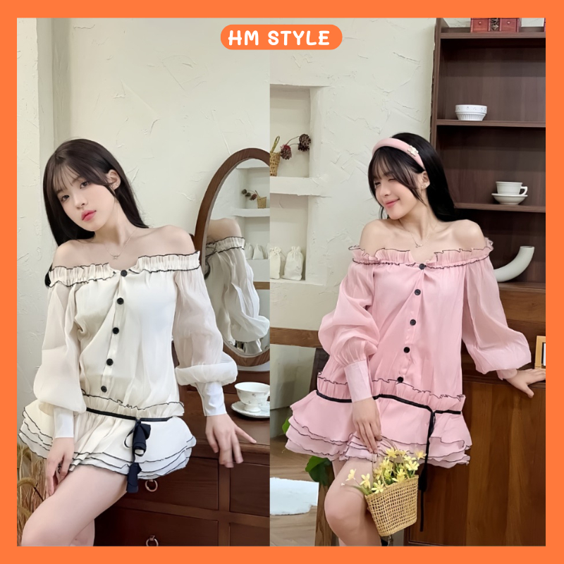  Váy tơ trễ vai tay bồng viền đen nhún eo đầm tiểu thư dáng xoè 3 tầng tặng kèm quần bảo hộ rời chất voan tơ HB985 