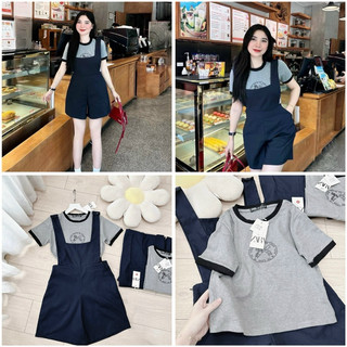 Set yếm 2 dây mix áo phông xám