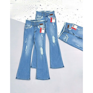 Quần jeans Nữ Ống Loe Dài Lưng Cao 3 Nút Tua Rua