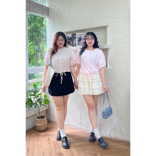 Áo sơ mi kẻ sọc cộc tay dáng ngắn rút dây gấu trẻ truntg bigisze  (A539) (63kg - 98kg) [Hằng Fami bigsize]