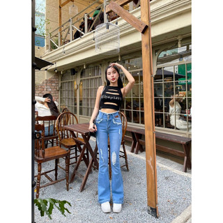 40-70kg Quần Jeans Nữ Ống Loe Dài Lưng Cao Tấc Rách Màu Nhạt CAo Cấp