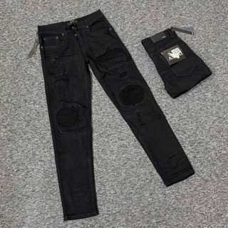 Quần jean bò nam Amiri rách tua vá vải nhăn đen wash vân sóng cao cấp